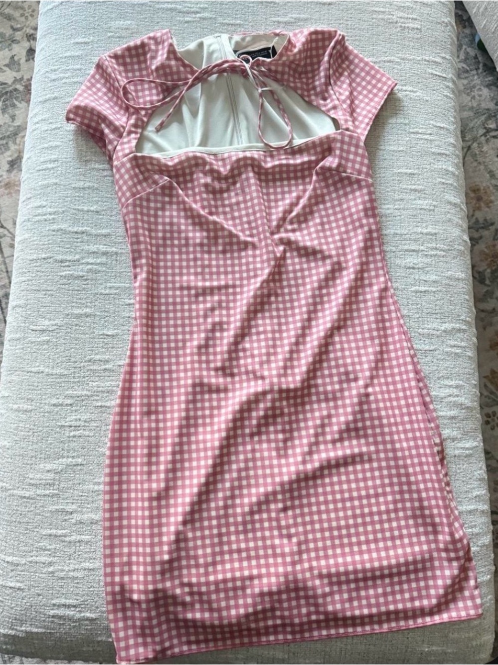 Zara Pink and White Gingham Mini Dress with Tie-Neck